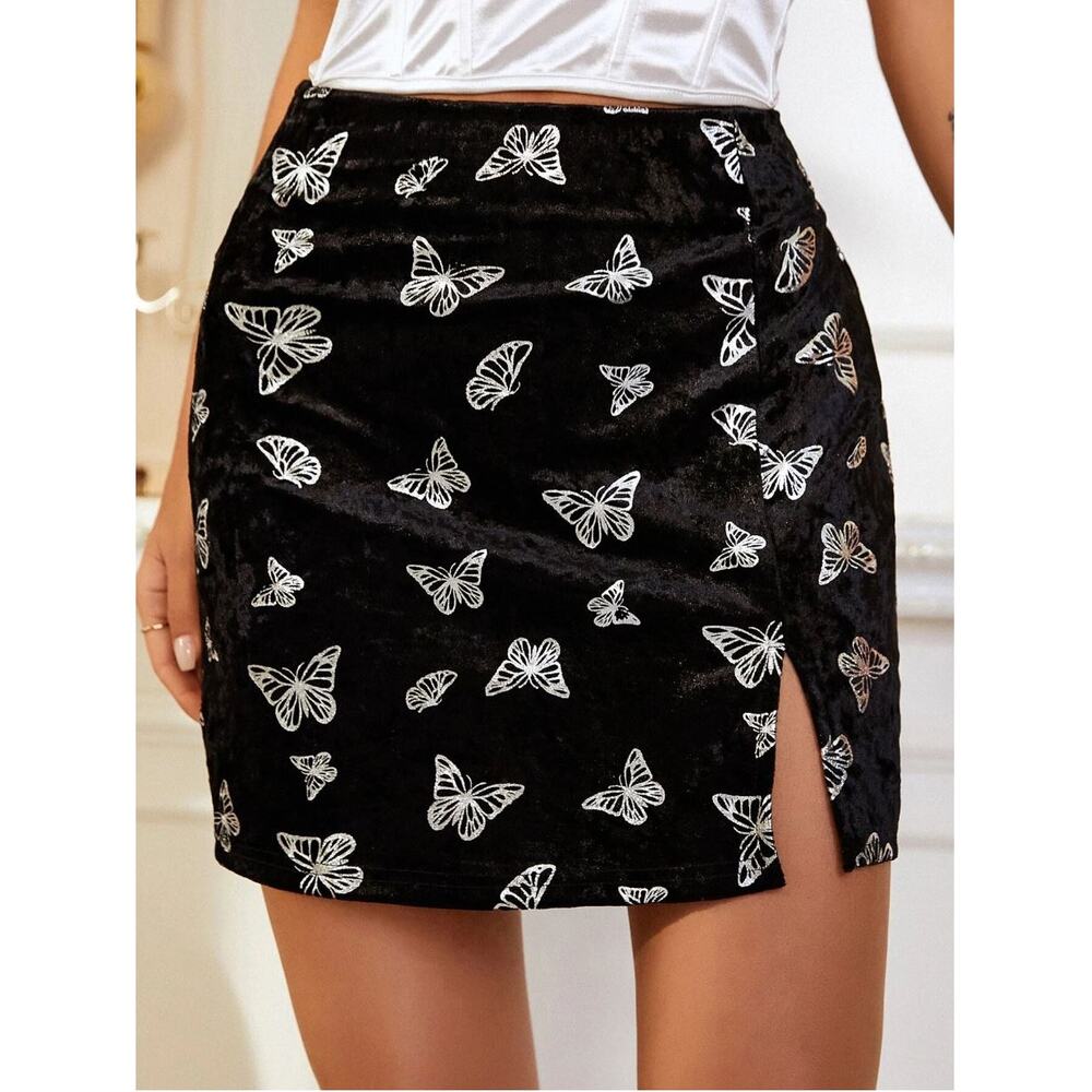 Shein black white velvet butterfly print mini bodycon skirt with slit small